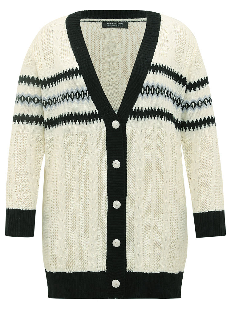 Cable Knit Striped Geo Button Fly Cardigan