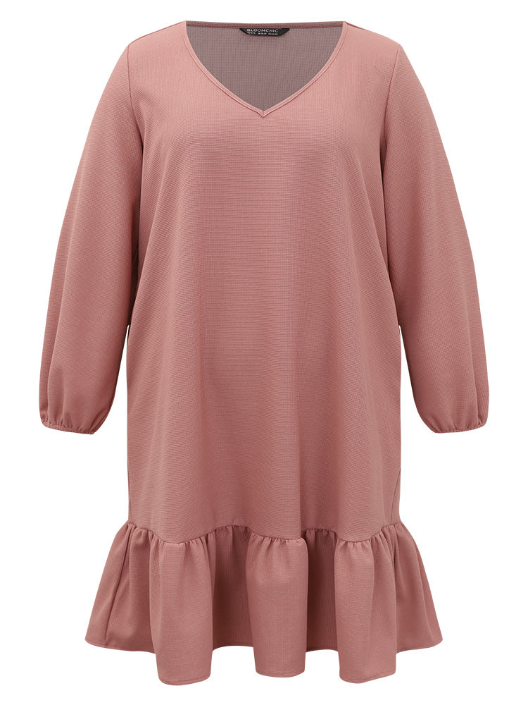 Plain Waffle Knit Pleated Texture Ruffle Hem Dress