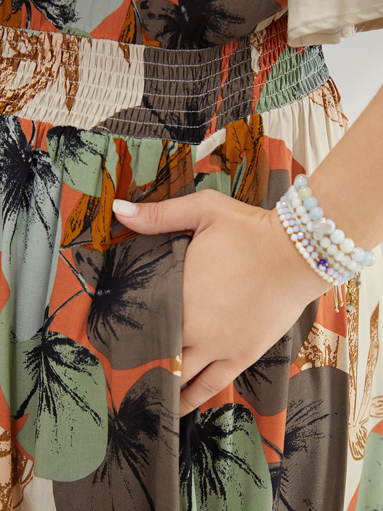 Plant Print Pocket Button Detail Shirred Ruffle Sleeve Dress