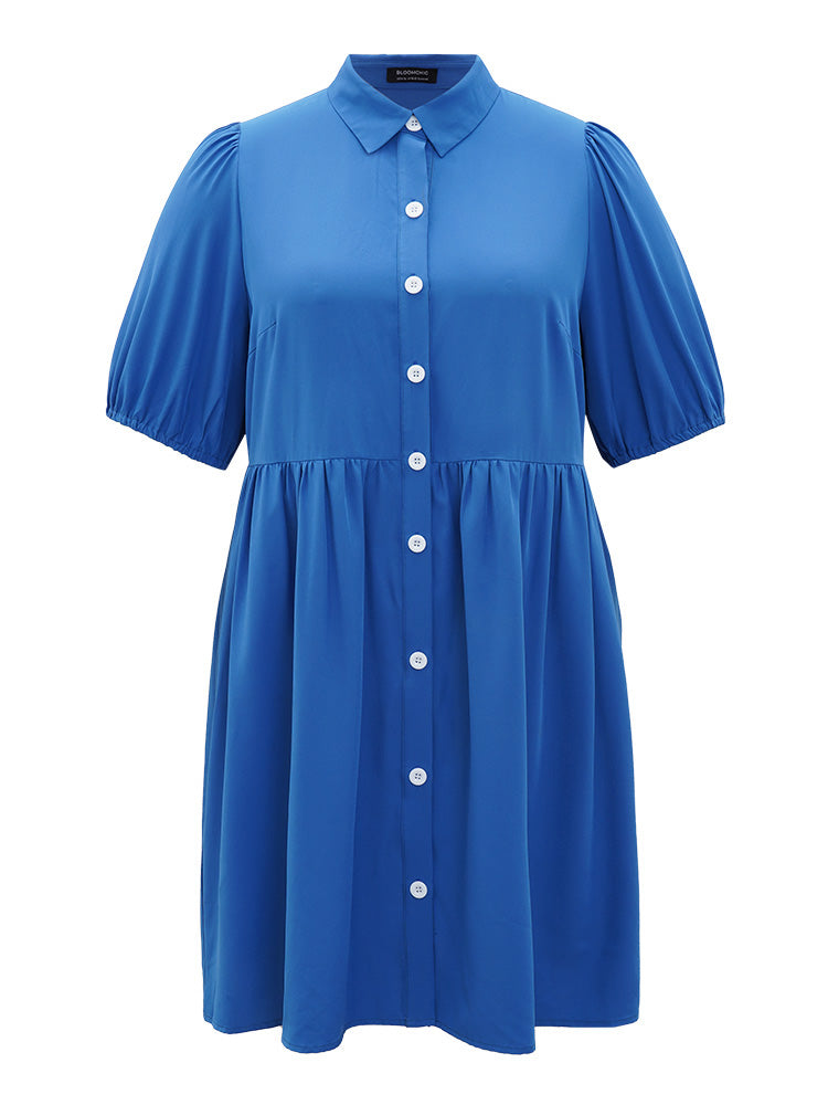 Plain Shirt Collar Button Through Gathered Lantern Sleeve Dress