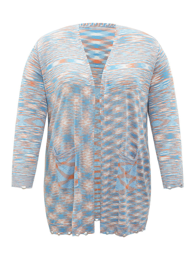 Ombre Pocket Open Front Ripped Hem Cardigan