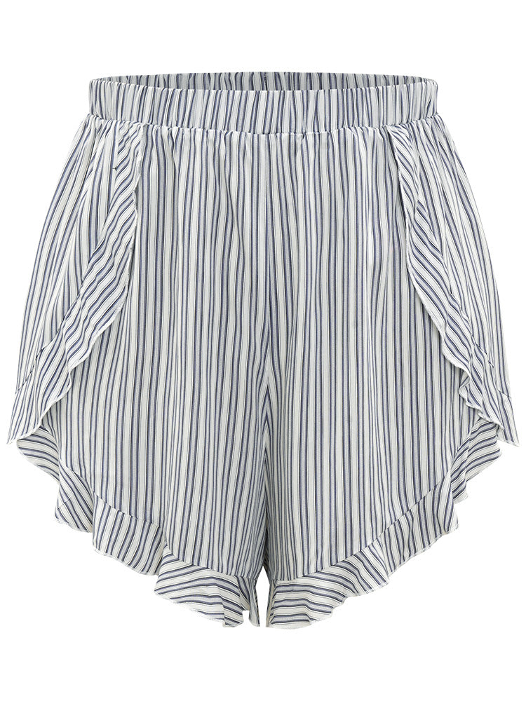 Striped Wrap Ruffle Trim Sleep Shorts