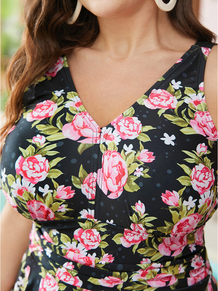 Floral Print V Neck Empire Waist Ruffle Hem Swim Dress