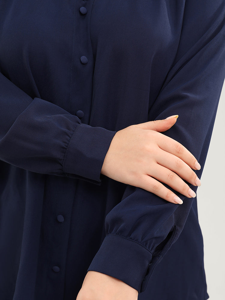 Solid Button Detail Gathered V Neck Blouse