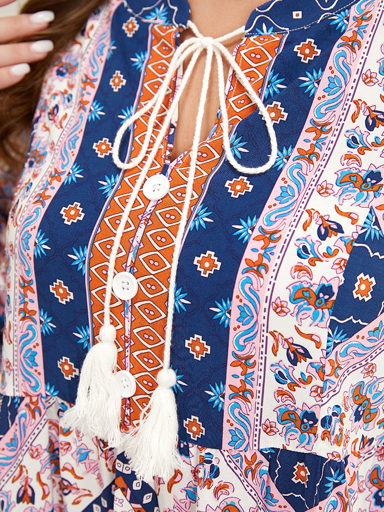 Bandana Pocket Button Detail Tassels Knee Dress