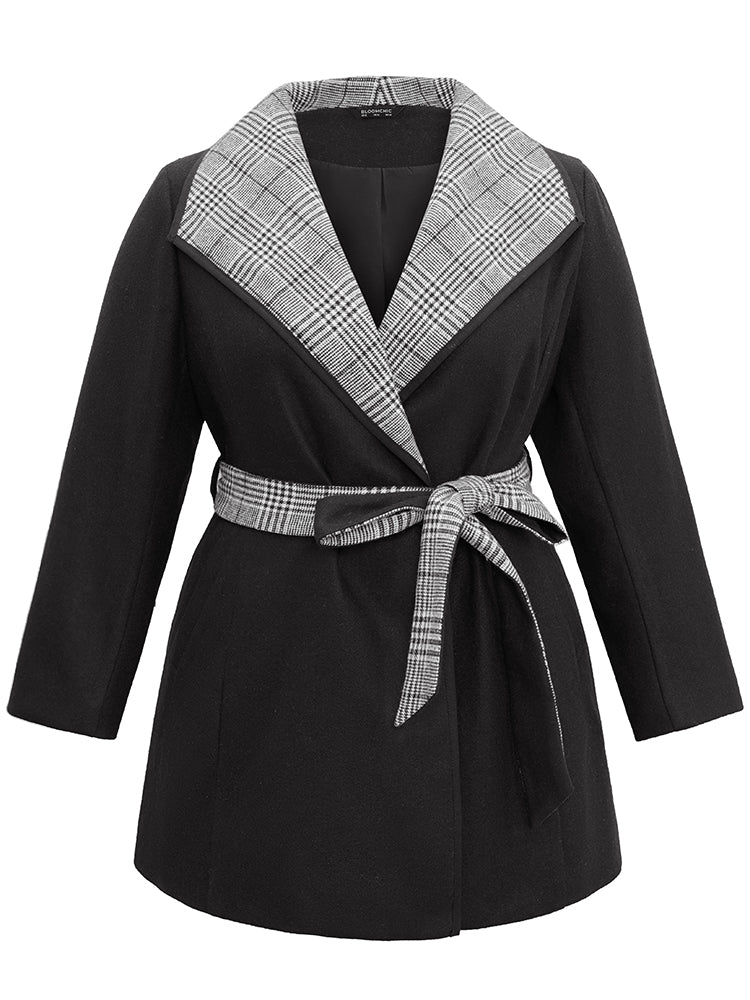 Lapel Collar Patchwork Belted Contrast Coat