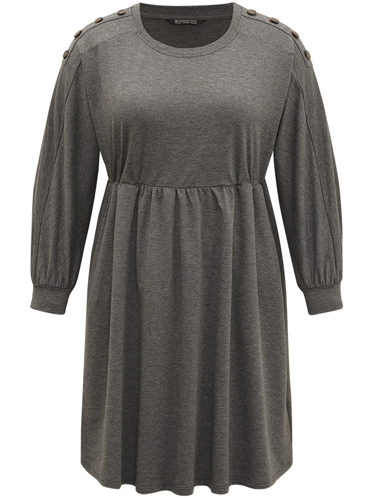 Plain Button Detail Pocket Gathered Dress