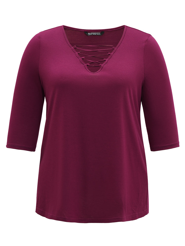 Solid Crisscross Three Quater Length Sleeve Deep V Neck T-shirt