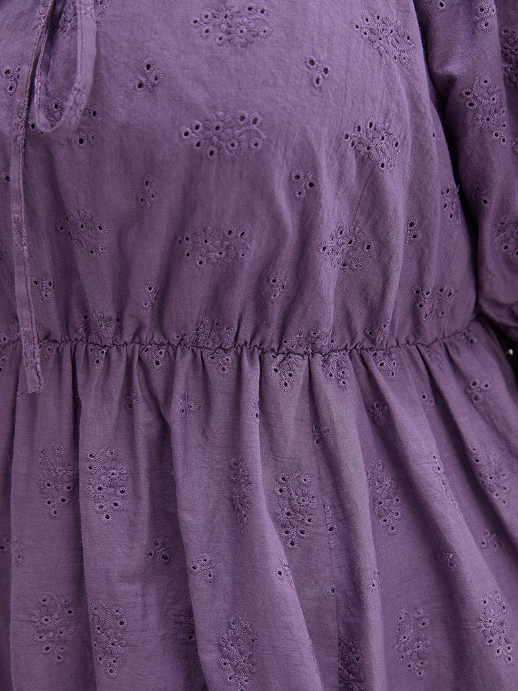 Solid Ruffle Knot Scalloped Trim Broderie Anglaise Blouse