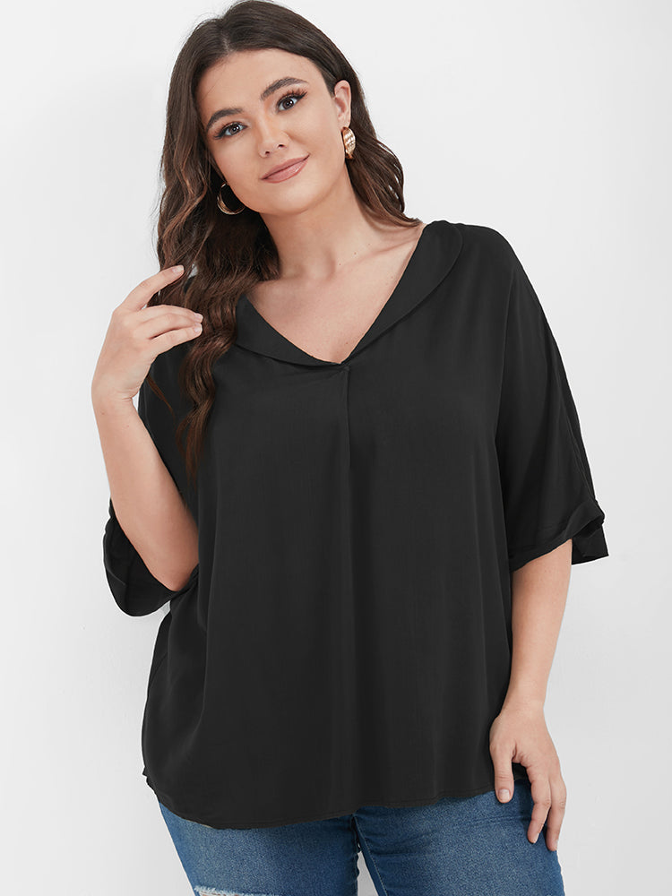 Solid Roll Sleeve Lapel Collar Blouse