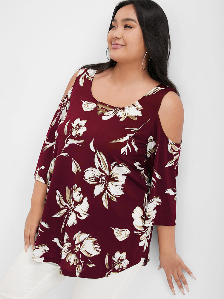 Floral Print Ruffles Cold Shoulder T-shirt