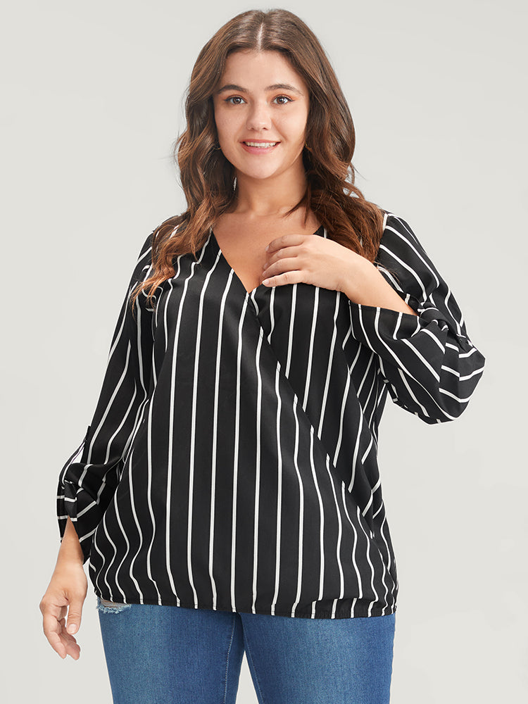 Striped Wrap Cuffed Sleeve Blouse
