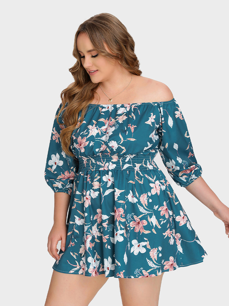 Floral Off Shoulder Shirred Dress