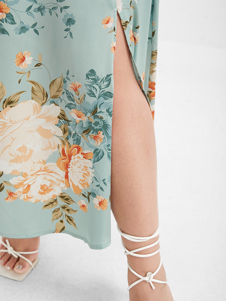 Floral V Neck Pocket Flutter Split Maxi Dress