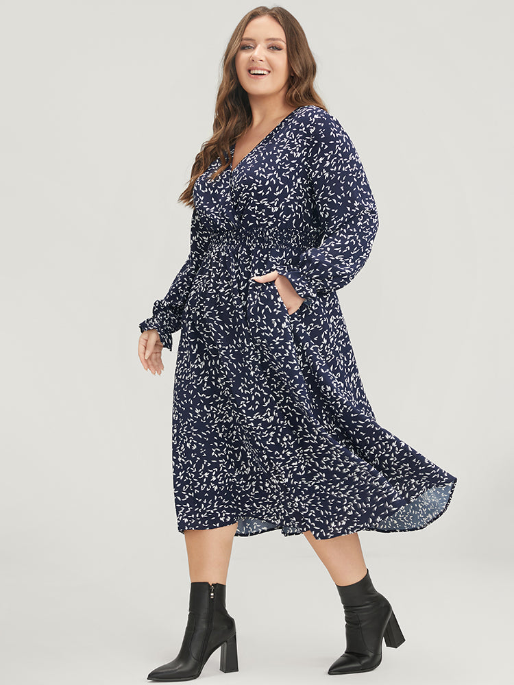 Plant Print Pocket Lantern Sleeve Wrap Shirred Dress