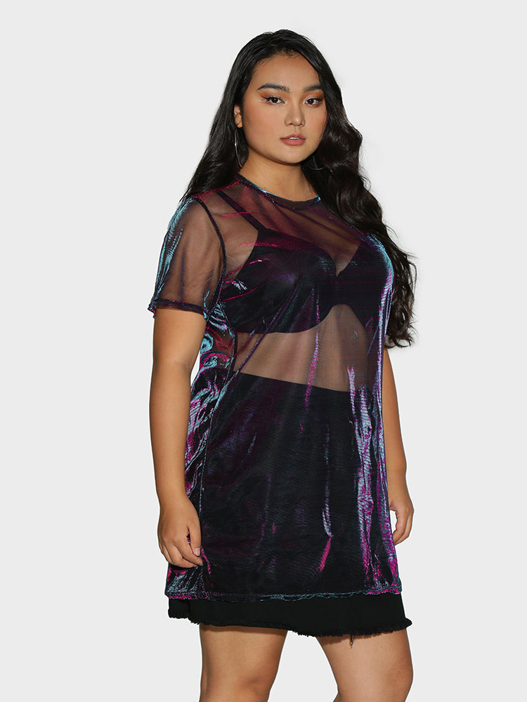 Crew Neck Reflective Mesh Sheer Dress