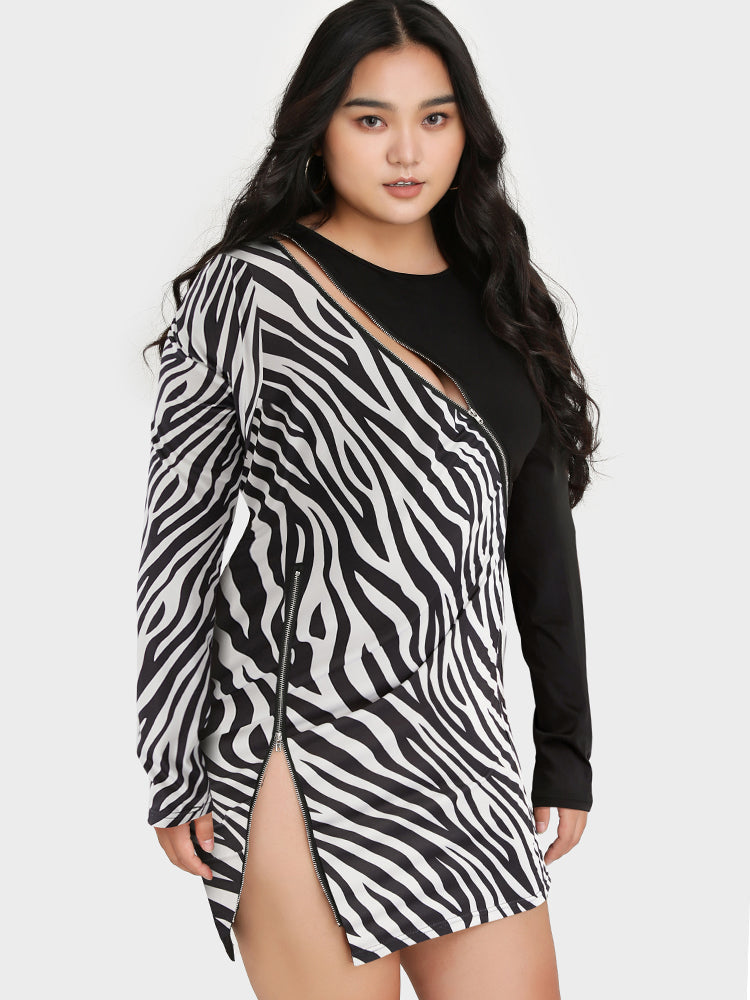 Zebra Striped Zipper Bodycon Dress