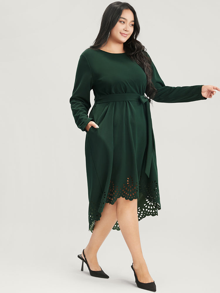Solid Pocket Laser Cut Asymmetrical Hem Belted Dress