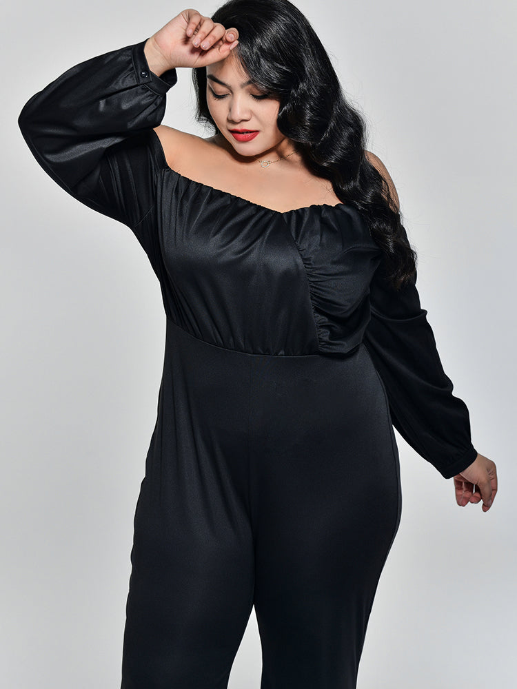 Off Shoulder Ruched Bust Flare Leg Jumpsuit