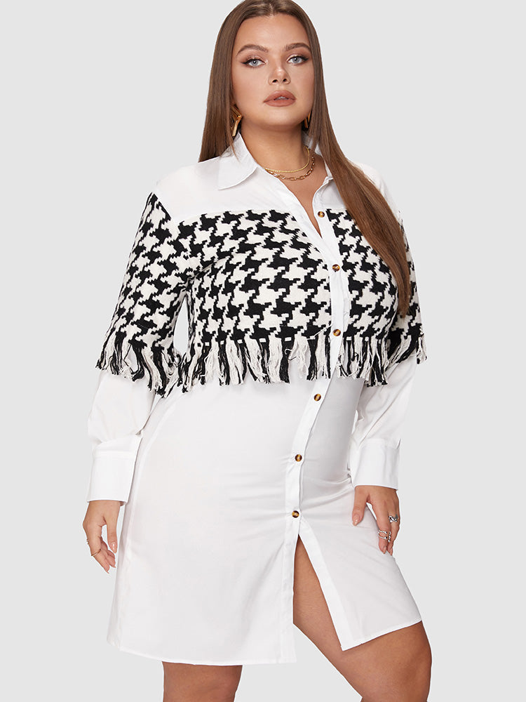 Houndstooth Patchwork Tassel Shirt Dress