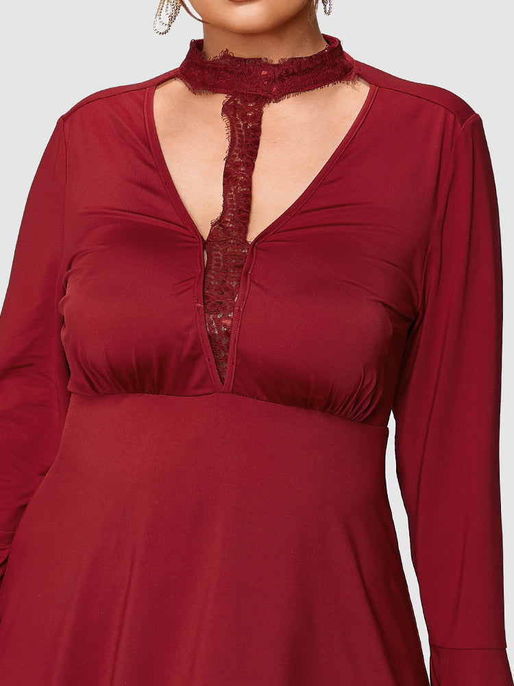 Solid Lace Trim Ruffle Sleeve Dress