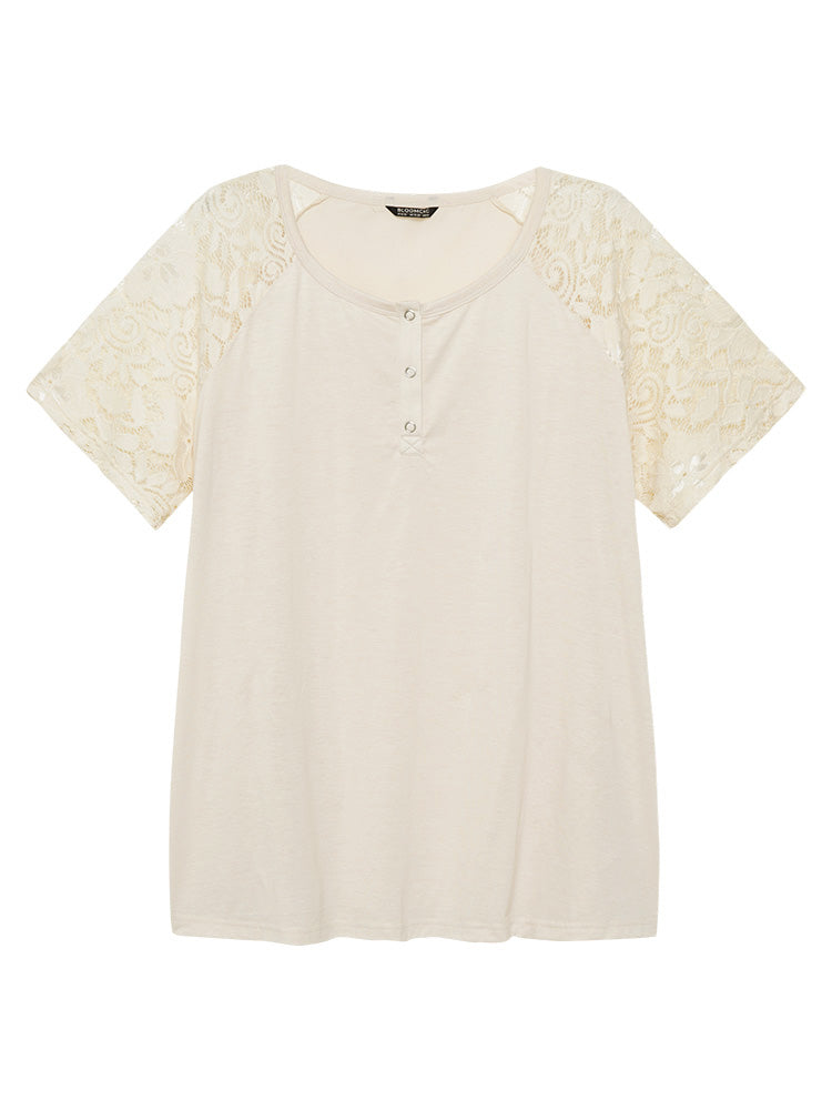 Solid Raglan Sleeve Contrast Lace T-shirt