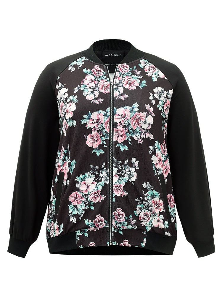 Floral Patchwork Zipper Pocket Jacket