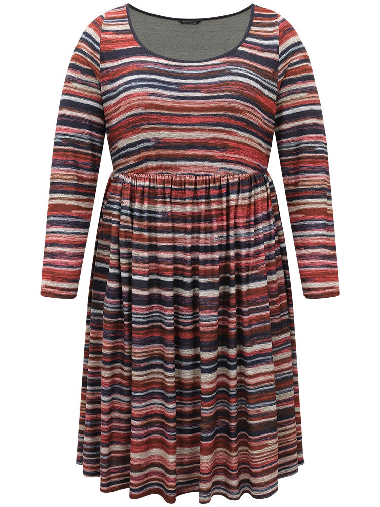 Colour Striped Heather Elastic Waist Scoop Neck Dress