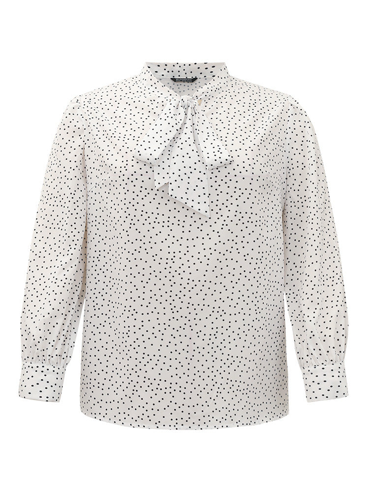 Polka Dot Bowknot Knot Lantern Sleeve Gathered Woven Top