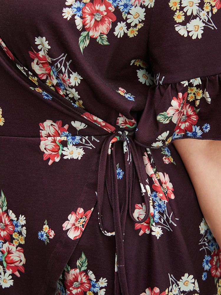 Floral Print Ruffles Ties Side Wrap T-shirt