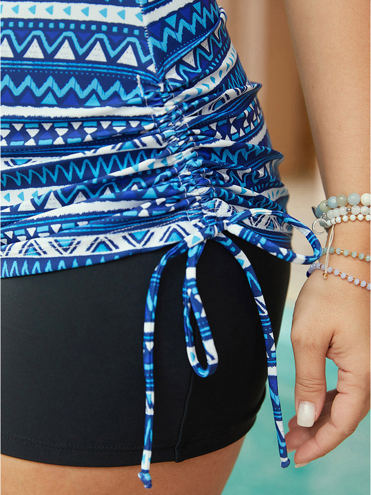 Striped Geometric Mesh Insert Ruched Drawstring Tankini Top