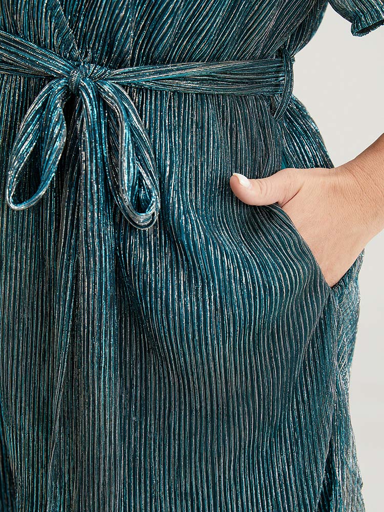 Glitter Wrap Mesh Ruffle Sleeve Belted Pocket Romper