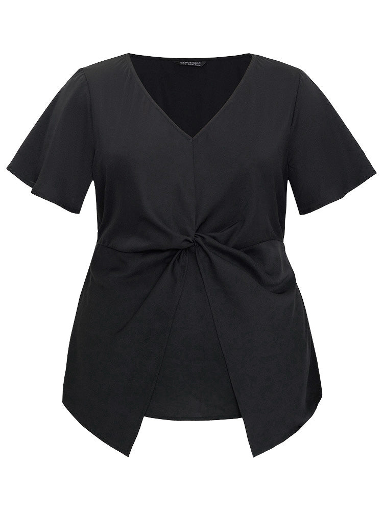 Plain Twist Front Flutter Sleeve V Neck Blouse