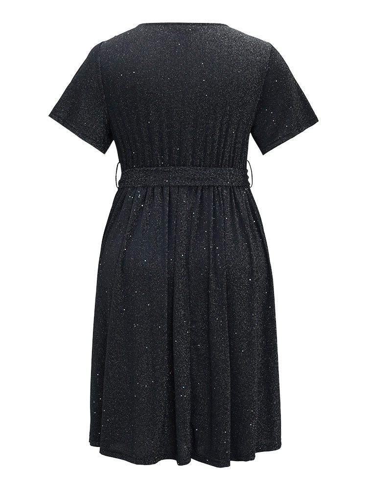 Glitter Pocket Keyhole Square Neck Belted Ruffle Hem Dress