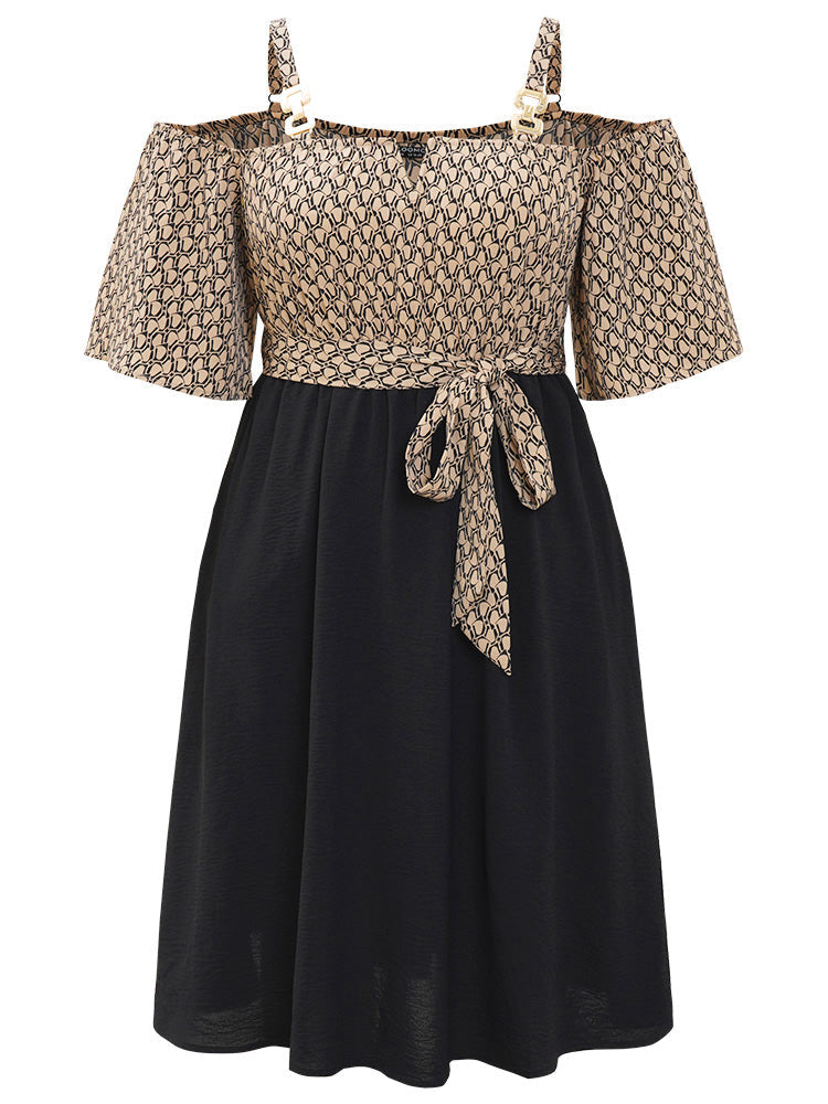 Geometric Patchwork Pocket Belted Cold Shoulder Dress