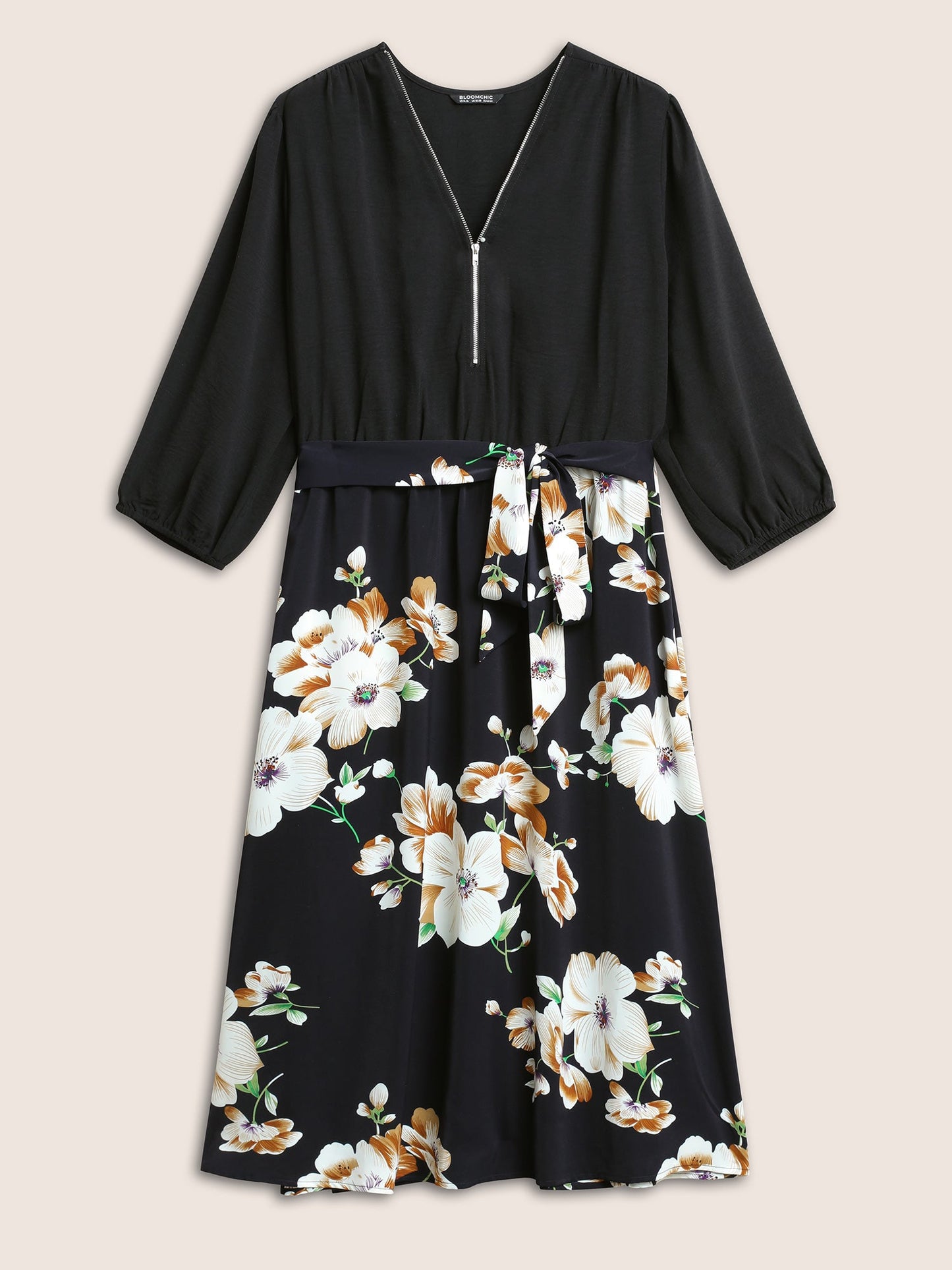 Floral Patchwork Half Zip Belted Lantern Sleeve Dress