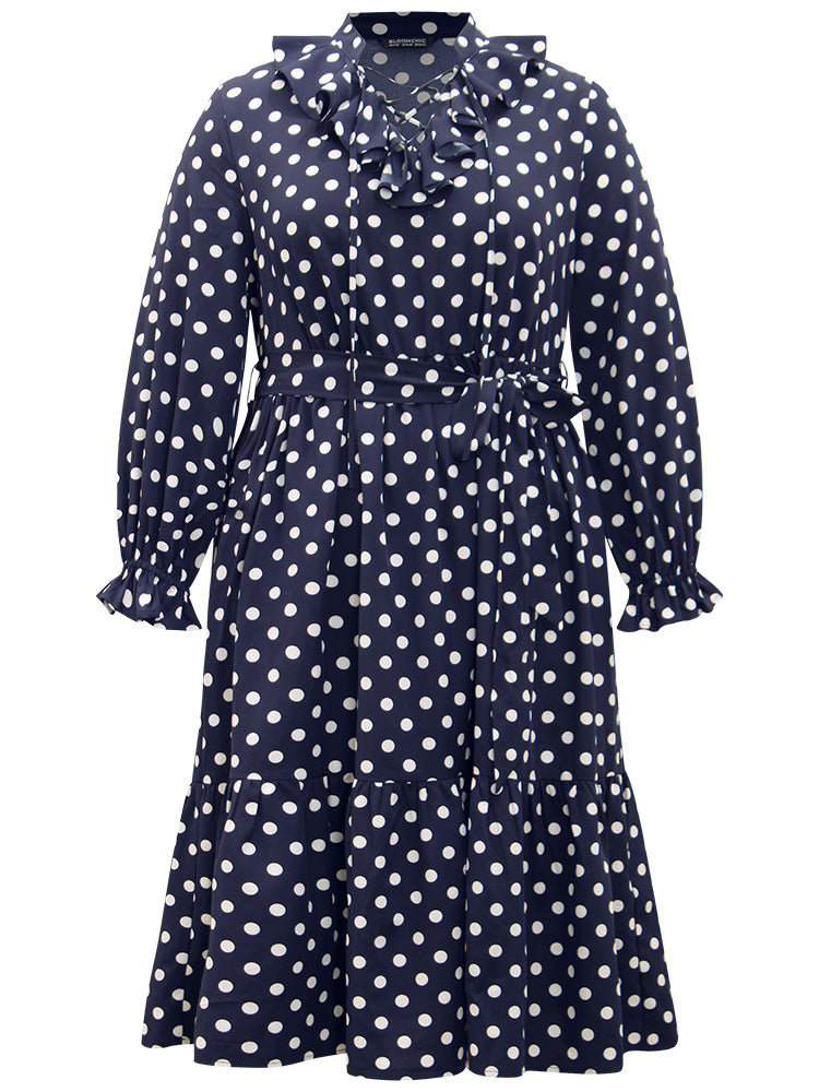 Polka Dot Ruffle Trim Belted Lace Up Dress