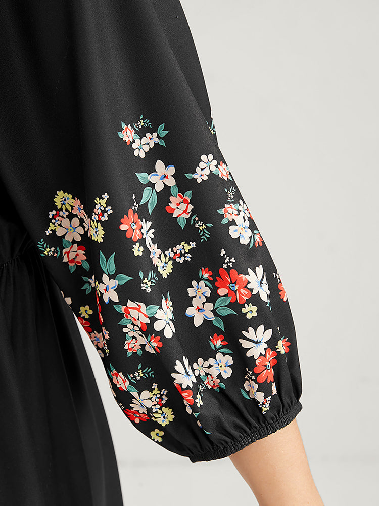 Floral Print Pocket Lantern Sleeve Elastic Waist Flutter Dress