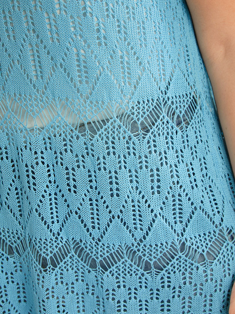 Solid Geometric Cut Out Scalloped Trim Knit Top