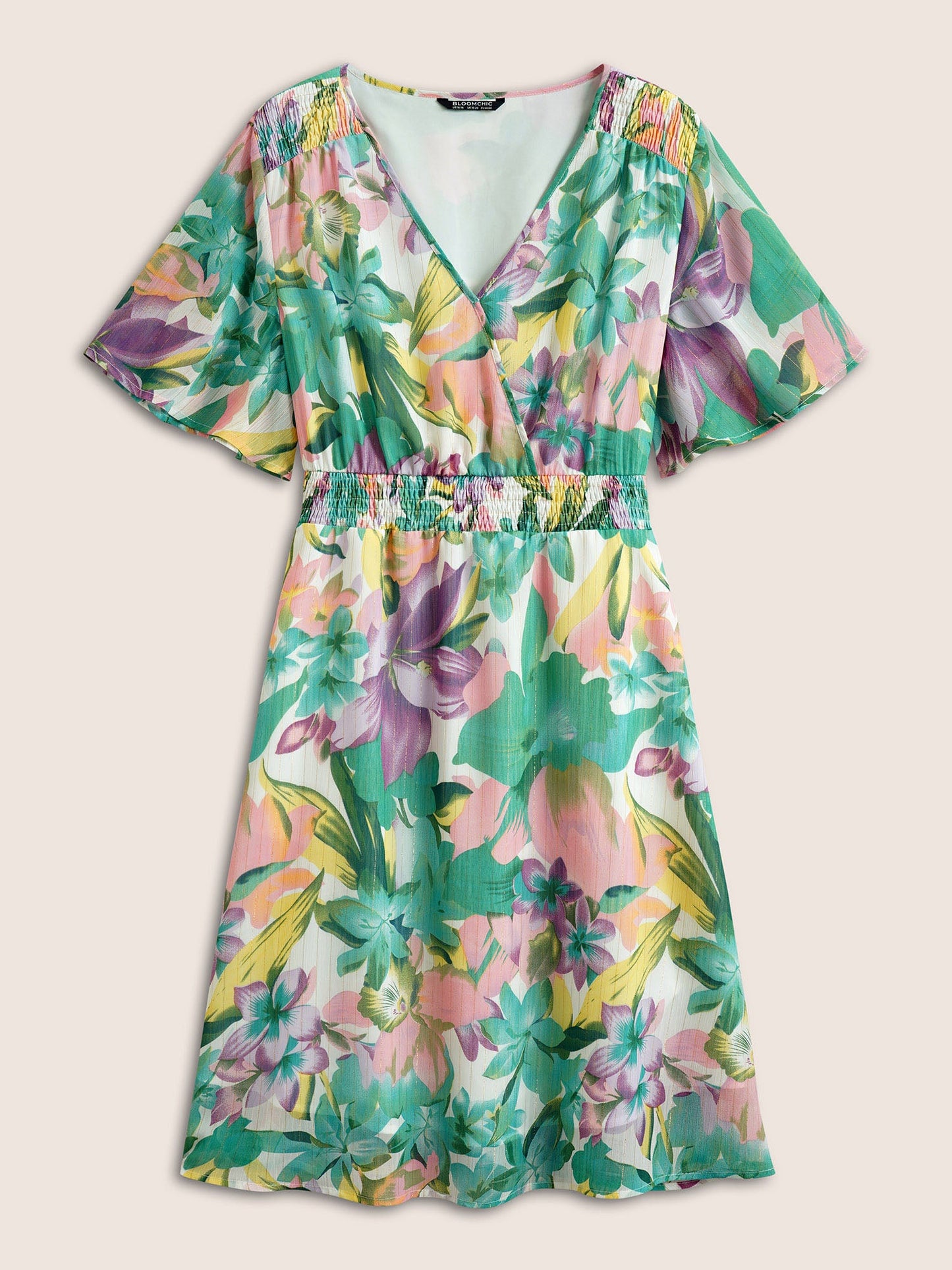 Floral Print Overlap Collar Pocket Shirred Dress