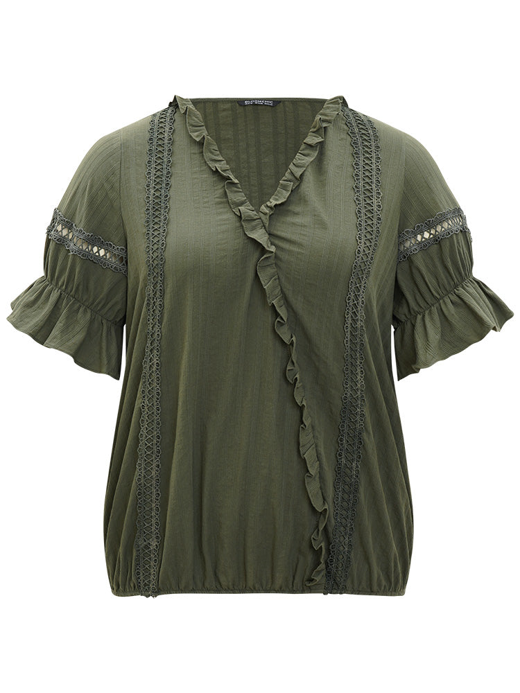 Solid Ruffle Trim Guipure Lace Elastic Hem Blouse