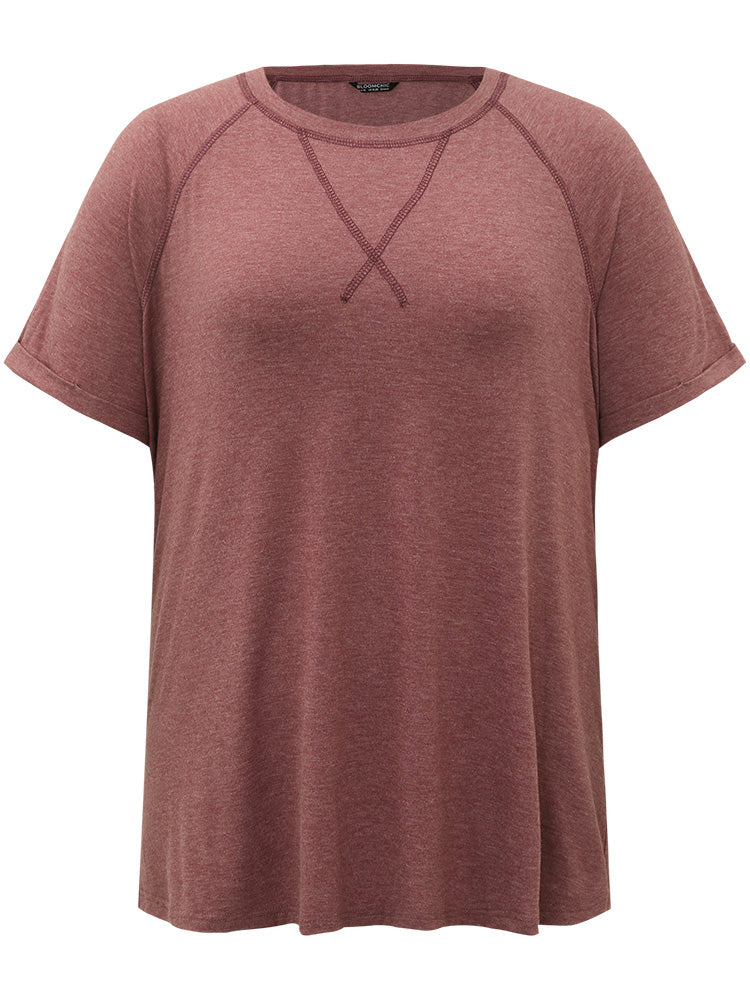 Plain Crew Neck Stitch Roll Sleeve T-shirt