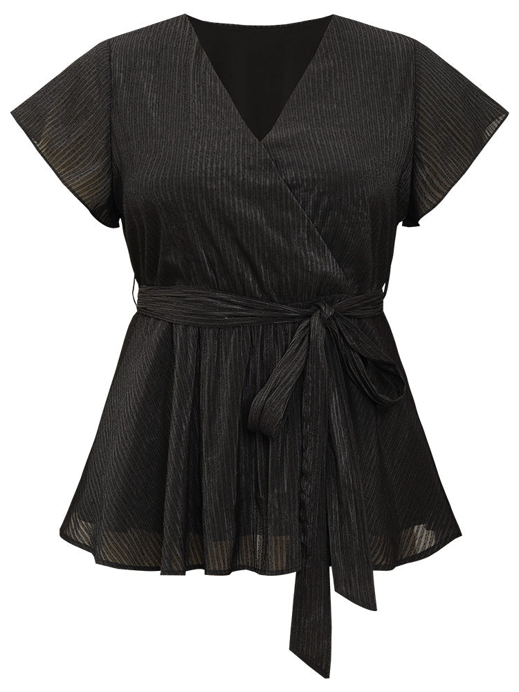 Plain Plisse Surplice Neck Belted Flutter Blouse