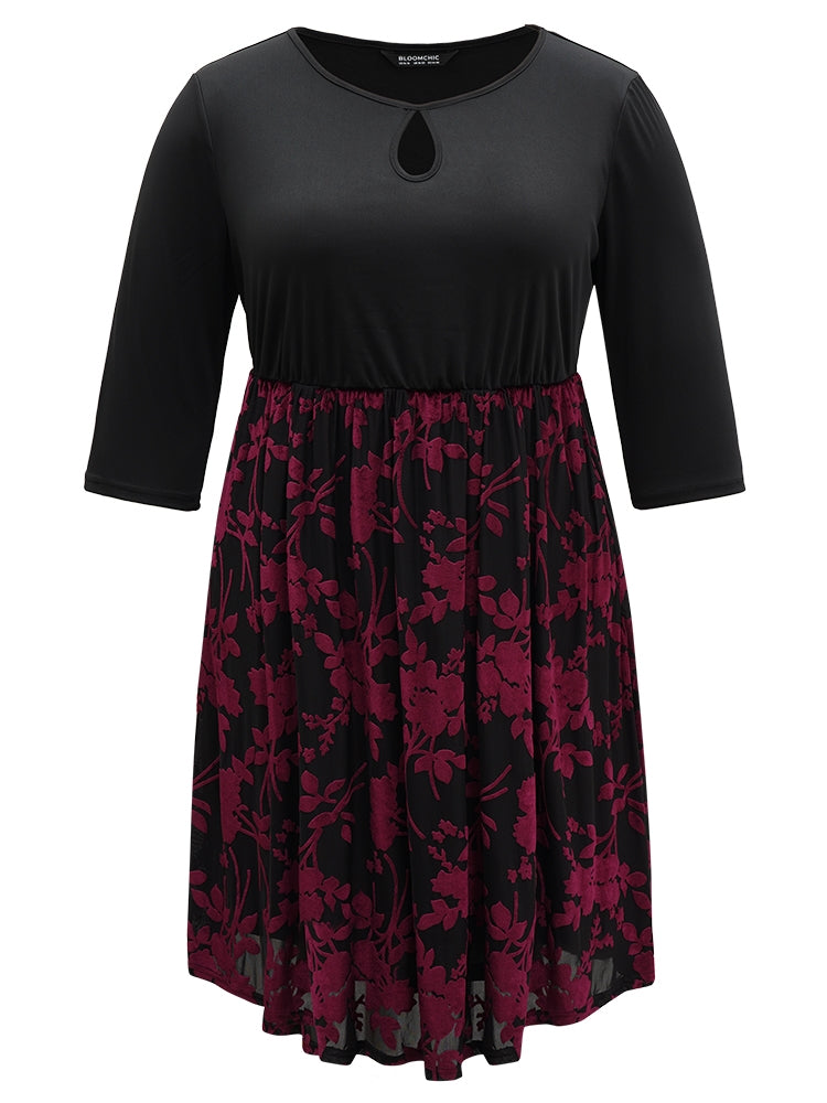 Contrast Flocking Keyhole Elastic Waist Dress