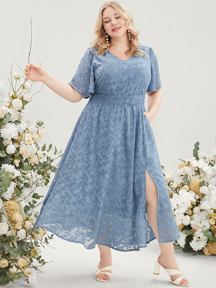 Plain Shirred Pocket Mesh Gathered Split Ruffles Midi Dress