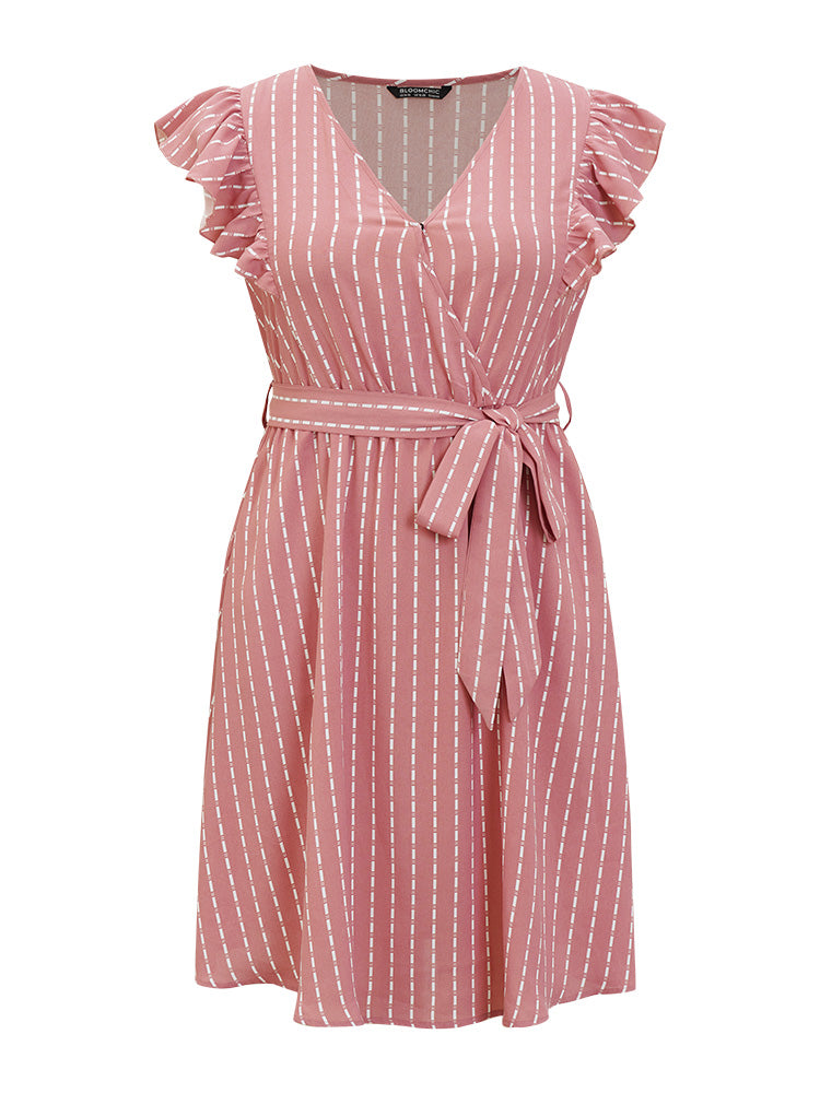 Striped Cap Sleeve Belt Pocket Ruffle Surplice Neck Dress