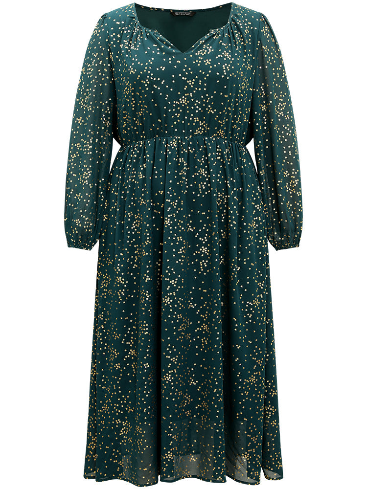 Glitter Star Notched Pleated Lantern Sleeve Dress