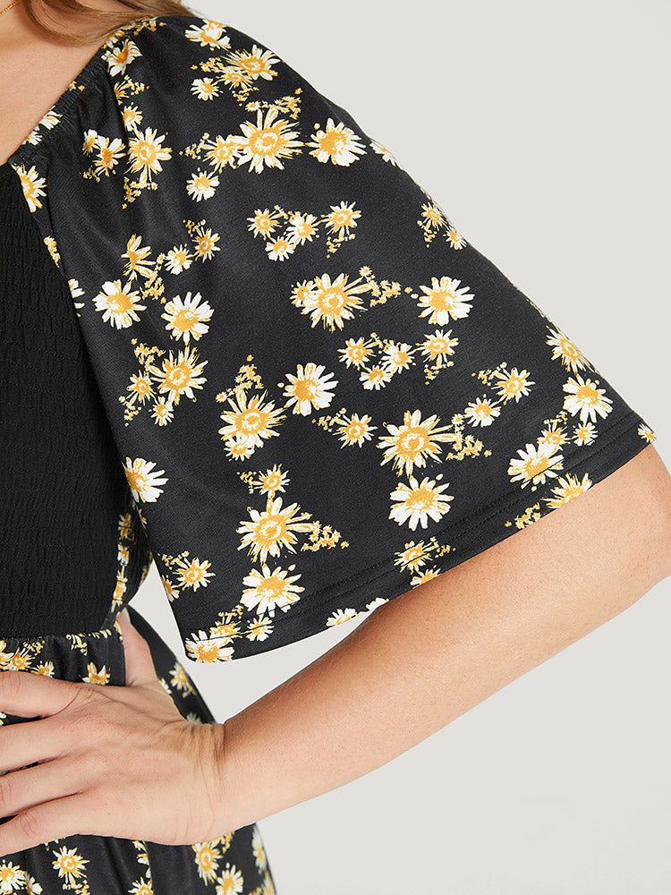 Daisy Floral Patchwork Ruffles Shirred T-shirt