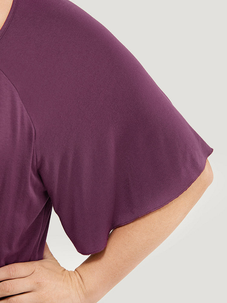 Solid Split Front Ruffle Raglan Sleeve Gathered T-shirt