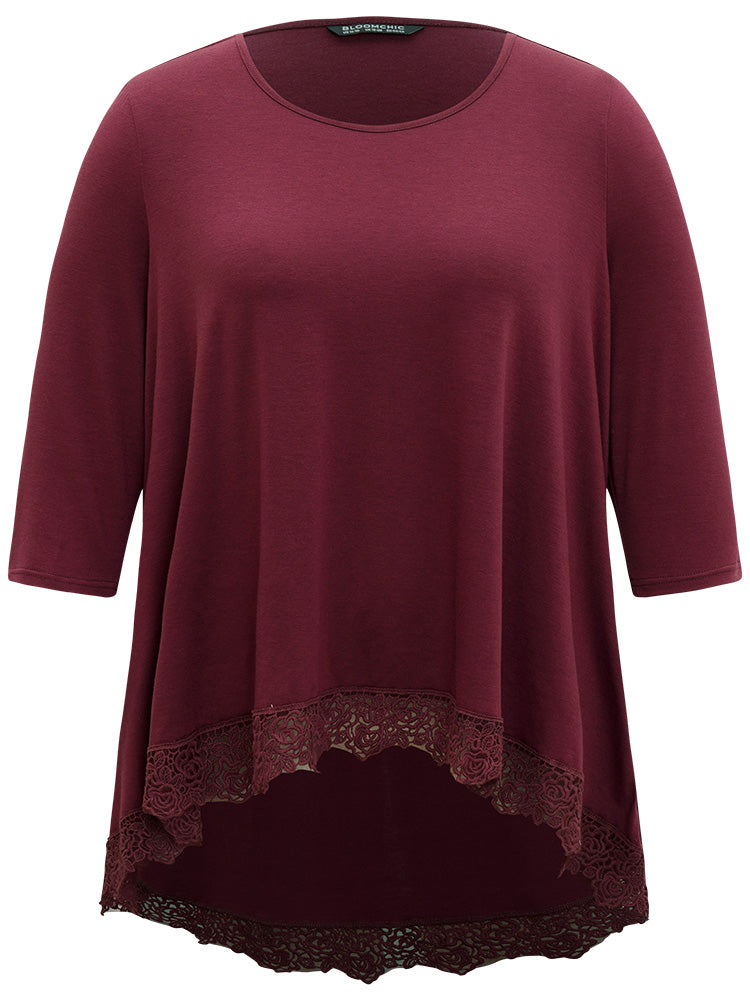 Plain Guipure Lace High Low Hem T-shirt